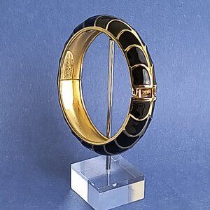 Dragon Snake Art Enamel Hinge Cuff  Clamper Bracelet Black Gold Tone